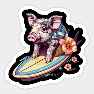 Surfing Pig with Hibiscus Flower Hawaii Beach Design Sticker